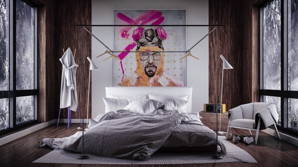 The massive portrait of modern antihero Walter White certainly sets the tone for this bedroom, that is really more television producer than meth producer.