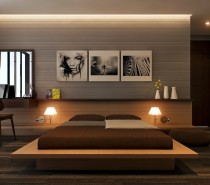 The bedroom takes a few of the same cues and keeps things simple, but here visualizer Quang Đạt has add some sultry art choices and deeper colors, giving it a bit more of an edge.