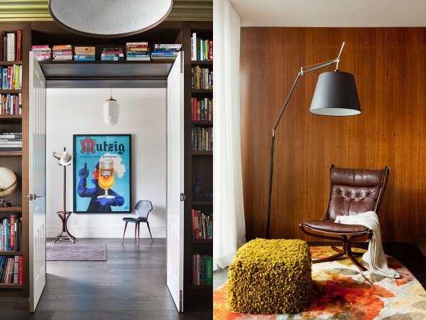 The older part of the home opens up to the addition almost as if you're stepping through a portal into the future. The bookshelves surrounding the double doors are a lovely touch.