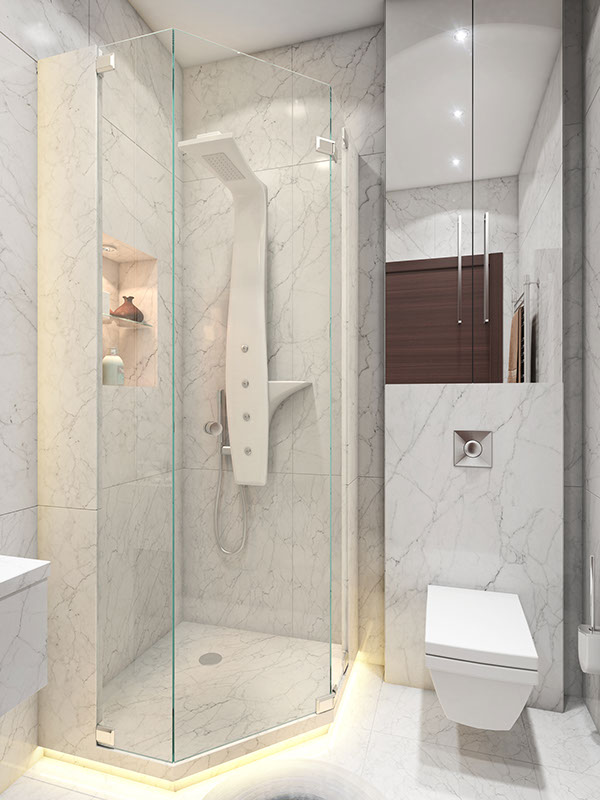 A small shower stall is the perfect solution for cleanliness without spaciousness.