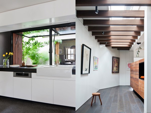 Exposed ceiling beams and creative windows add to the modern flair of the back addition.