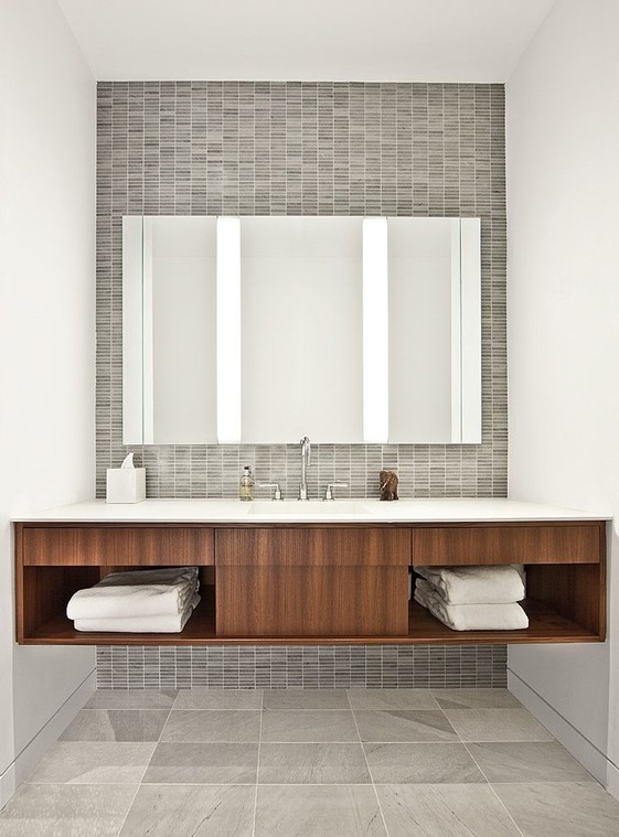 warm wood gray tile bathroom vanity